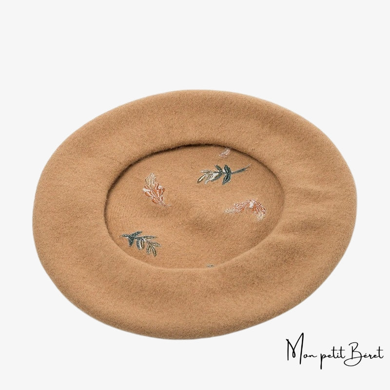 Béret brodé champêtre camel