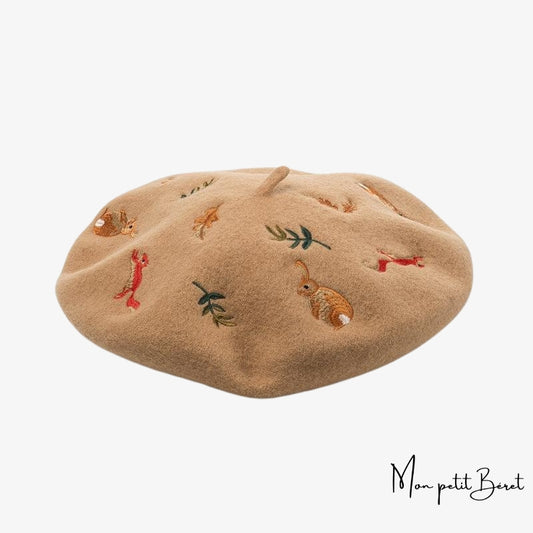 Béret brodé champêtre camel