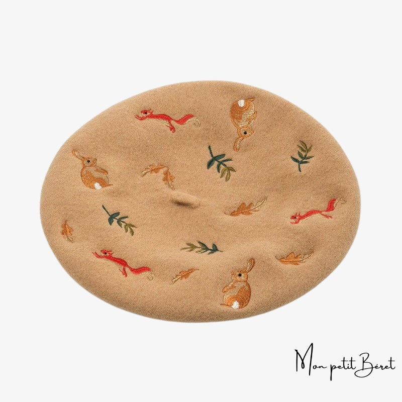 Béret brodé champêtre camel