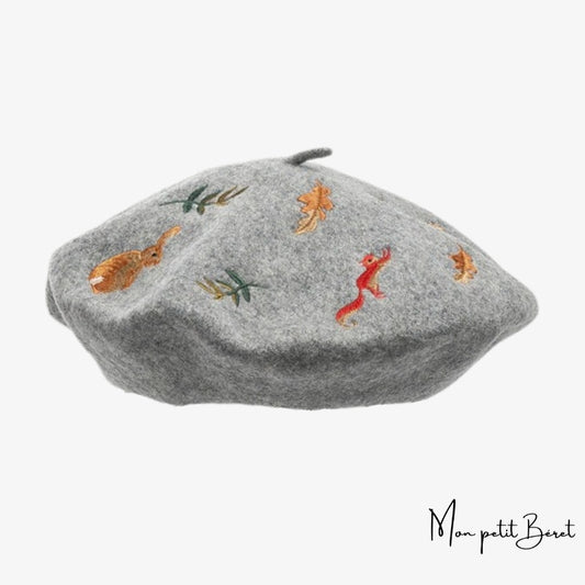 Béret brodé champêtre couleur gris