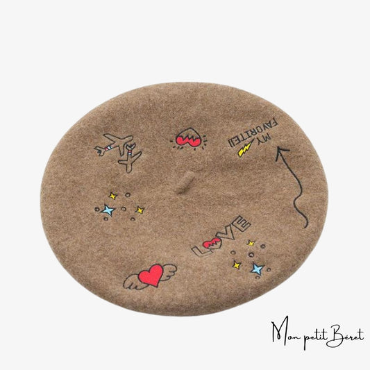 béret pour femme beige foncé brodé