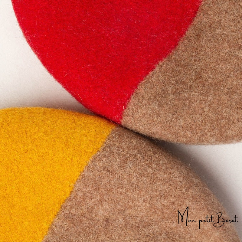 béret pour femme bicolore de couleurs beige et rouge en laine