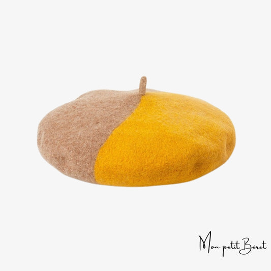 béret pour femme bicolore de couleurs beige et jaune en laine