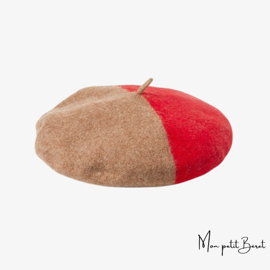 béret pour femme bicolore de couleurs beige et rouge en laine