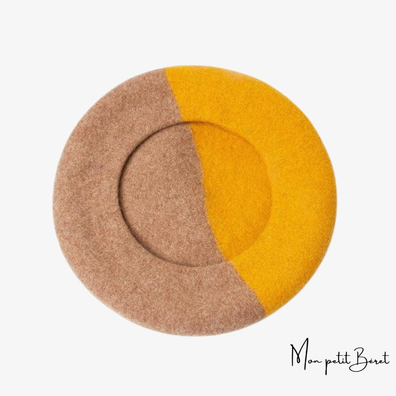 béret pour femme bicolore de couleurs beige et jaune en laine