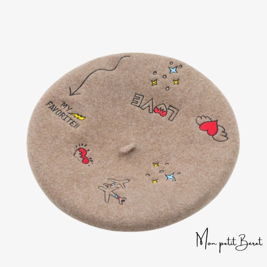 béret pour femme beige clair brodé